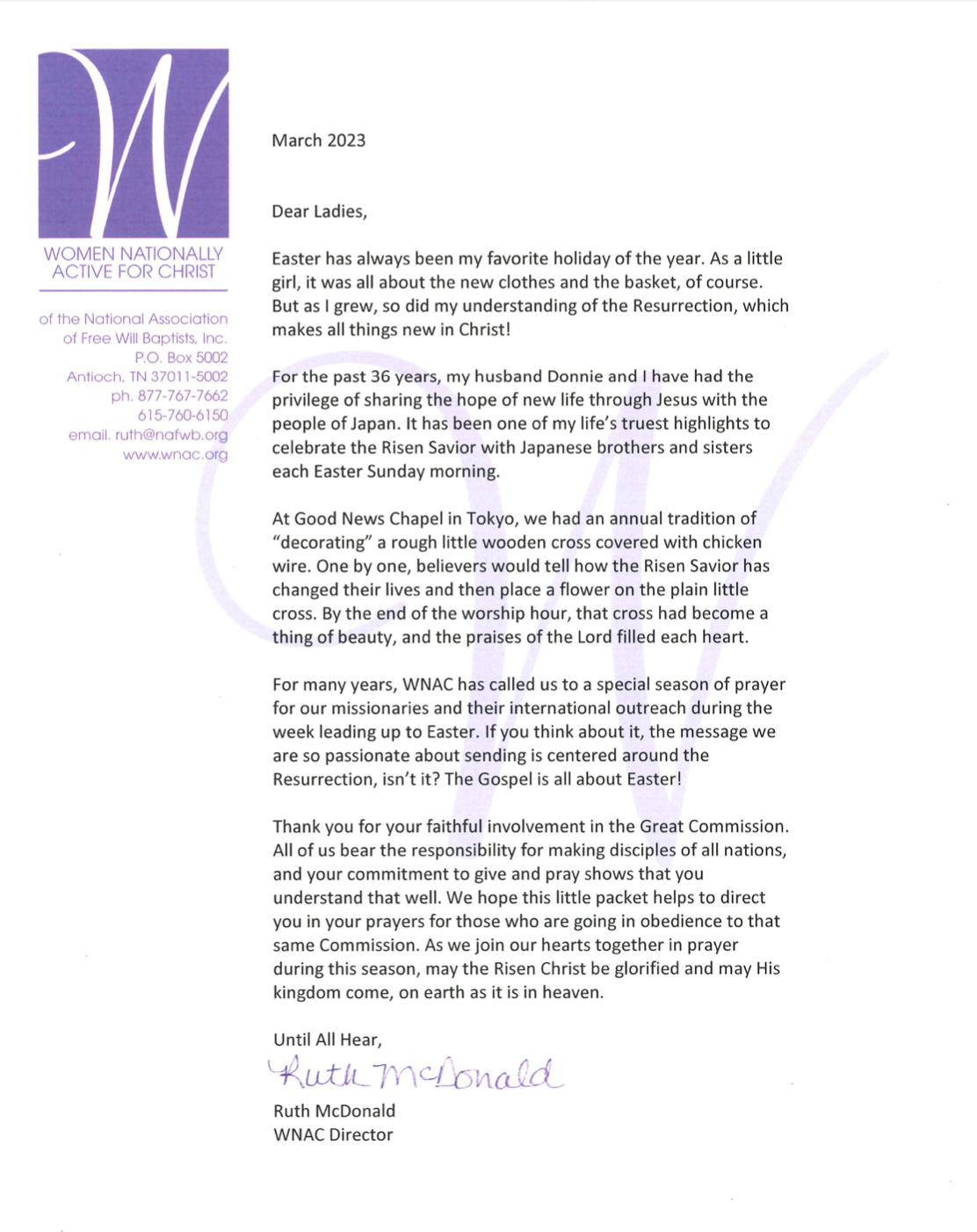 Ruth WNAC Pre-easter letter 2023